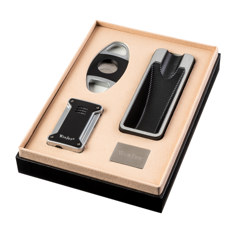 Winjet Zigarren Set schwarz silberfarben Cutter Ring 58, Jetfeuerzeug Detailansicht b World of Smoke