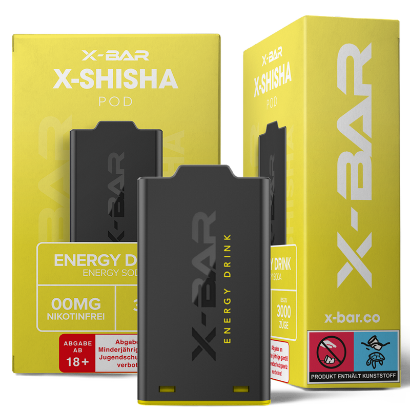 X-Bar X-Shisha Pod Energy Drink nikotinfrei Frontansicht World of Smoke 
