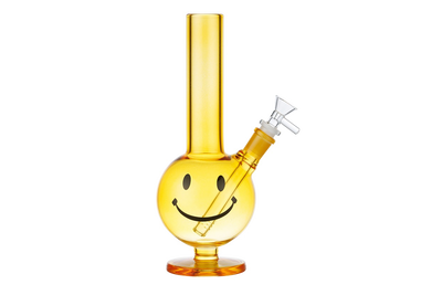 Dremliner Glasbong 27cm gelb Smiley Chillum 18er Schliff Frontansicht World of Smoke