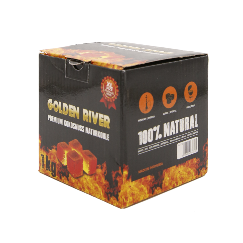 Shishakohle Golden River Premium Kokosnusskohle 1 kg, Würfel 26 x 26 x 26 Detailansicht World of Smoke