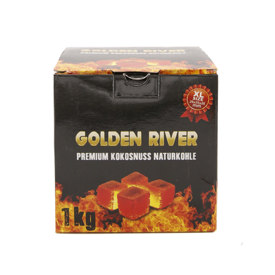 Shishakohle Golden River Premium Kokosnusskohle 1 kg, Würfel 26 x 26 x 26 Frontansicht World of Smoke