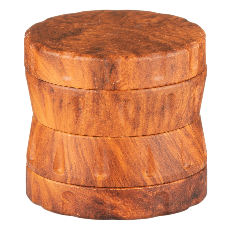 Super Heroes Holz Grinder 4tlg dunkles Holz Frontansicht World of Smoke