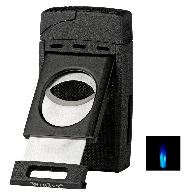 Winjet Premium Feuerzeug 2jet schwarz mit Cutter Detailansicht World of Smoke 